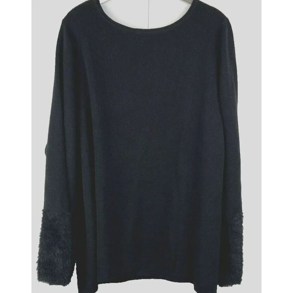 J. Jill Womens Sweater Tunic 2X Plus Solid Black Knit Long Sleeve Faux Fur Cuffs